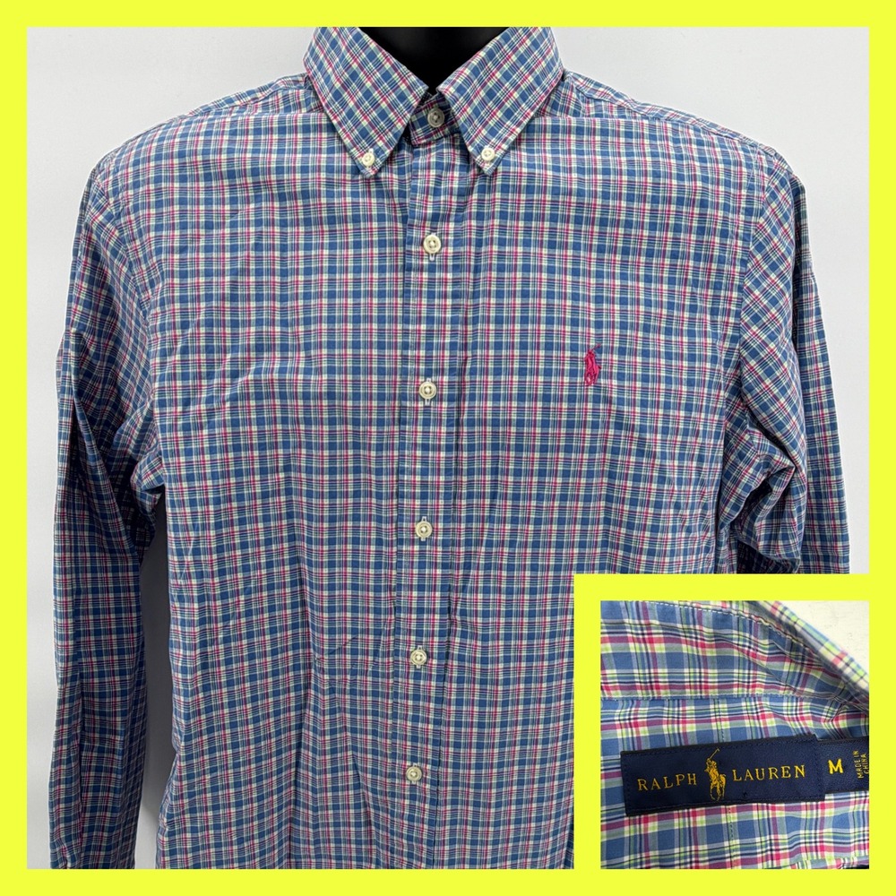 Ralph Lauren Button Down Shirt Mens M Blue Pink Plaid Long‎ Sleeve Cotton Pony
